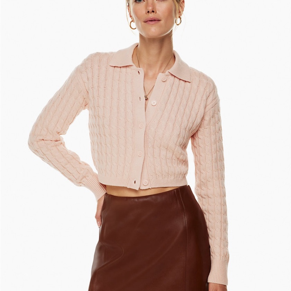 Aritzia Pale Pink Cable-Knit Cropped Polo Cardigan